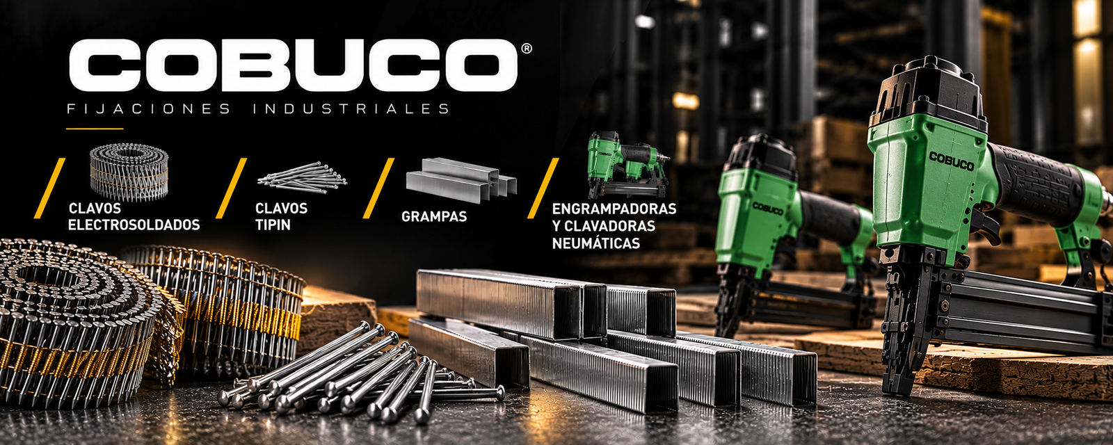 Catálogo COBUCO: clavos electrosoldados en rollos, clavos Tipin, grampas y herramientas neumáticas verdes