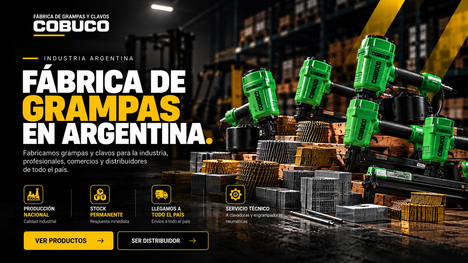 COBUCO, fábrica de grampas y clavos en Argentina. Herramientas neumáticas industriales, stock permanente y distribución nacional.