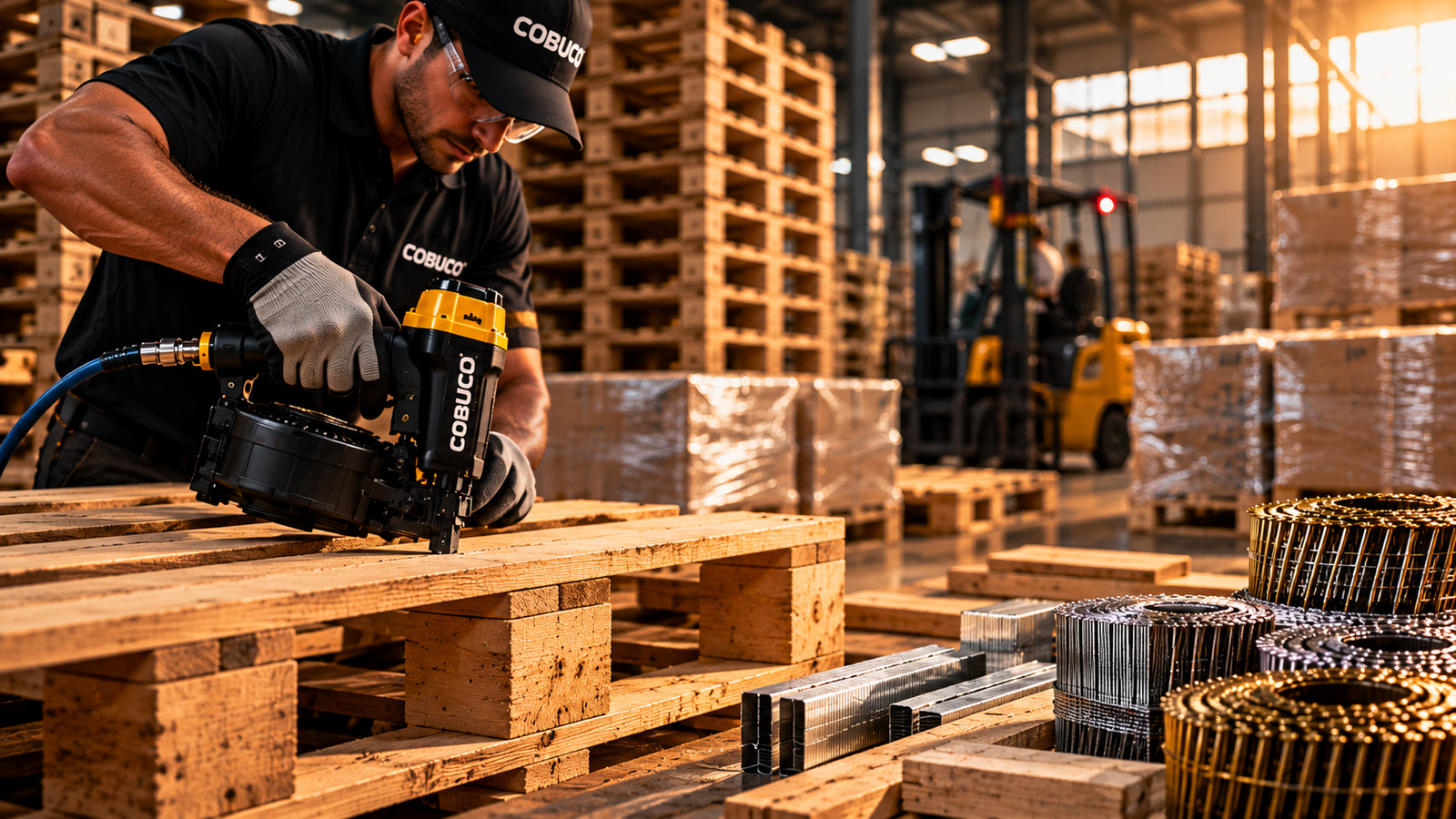 Fabricación industrial de pallets de madera con clavadora neumática