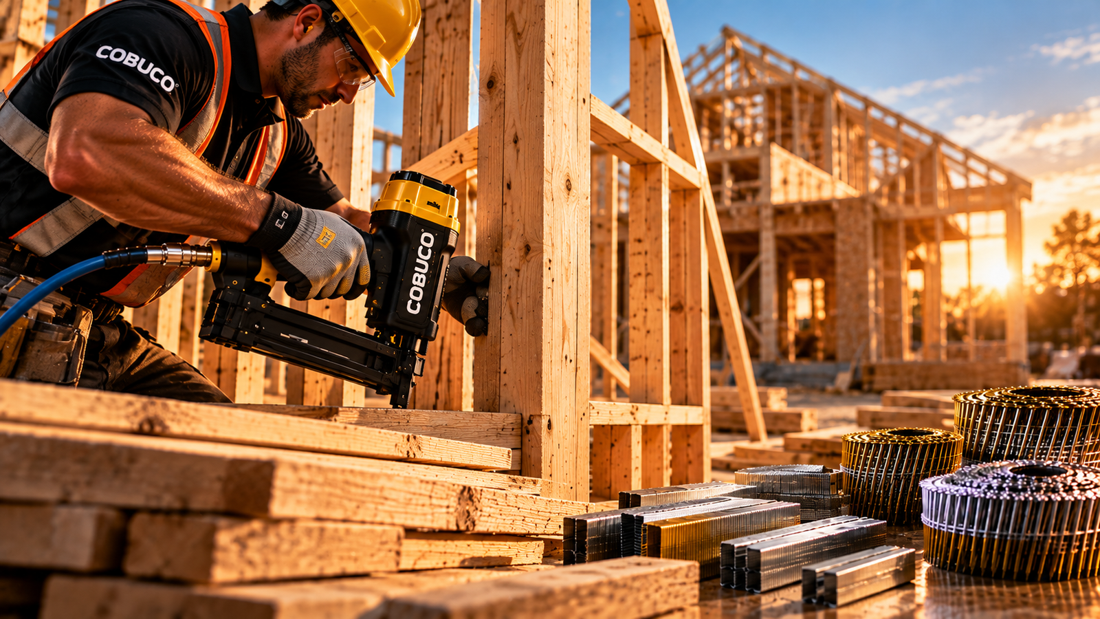 Construcción con estructura de madera wood frame y herramientas neumáticas