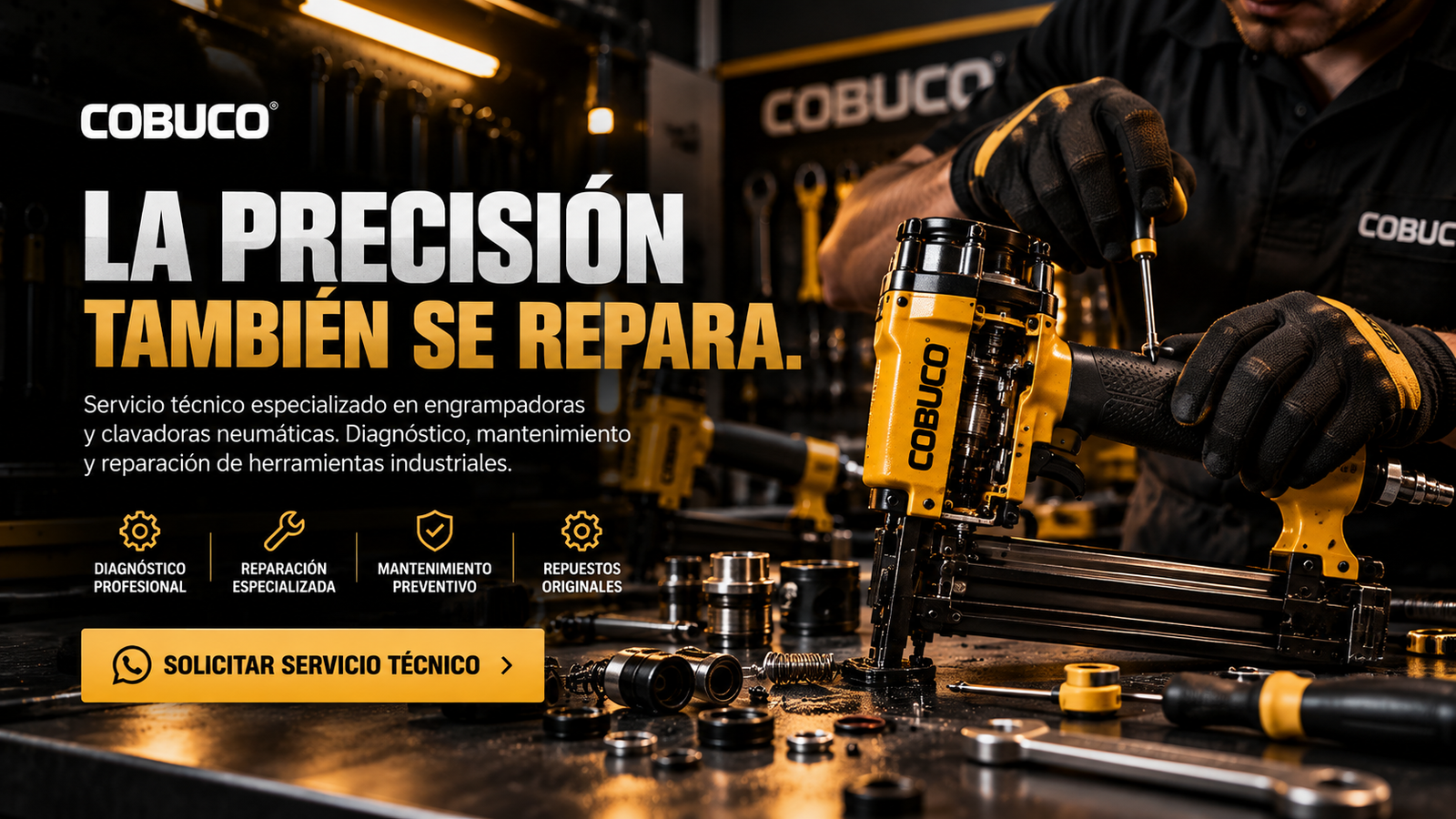 Servicio técnico de engrampadoras neumáticas COBUCO. Diagnóstico y reparación de herramientas neumáticas.