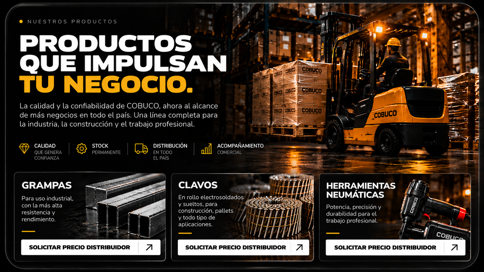 Productos que impulsan tu negocio: grampas, clavos y herramientas neumáticas COBUCO