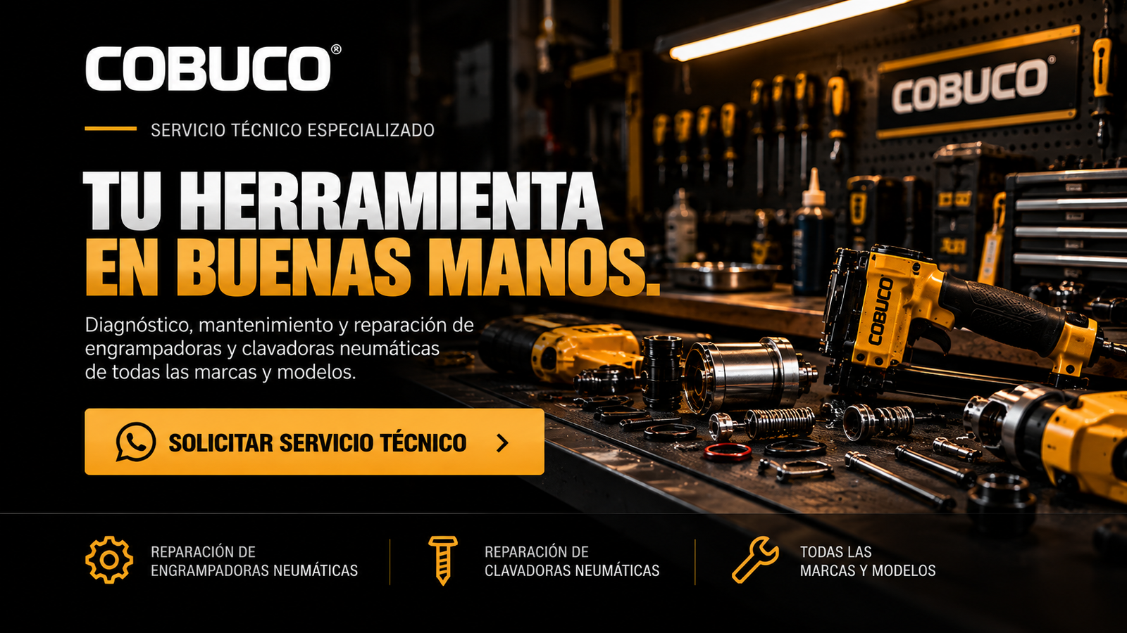 Servicio técnico COBUCO. Diagnóstico, mantenimiento y reparación de engrampadoras y clavadoras neumáticas de todas las marcas y modelos.