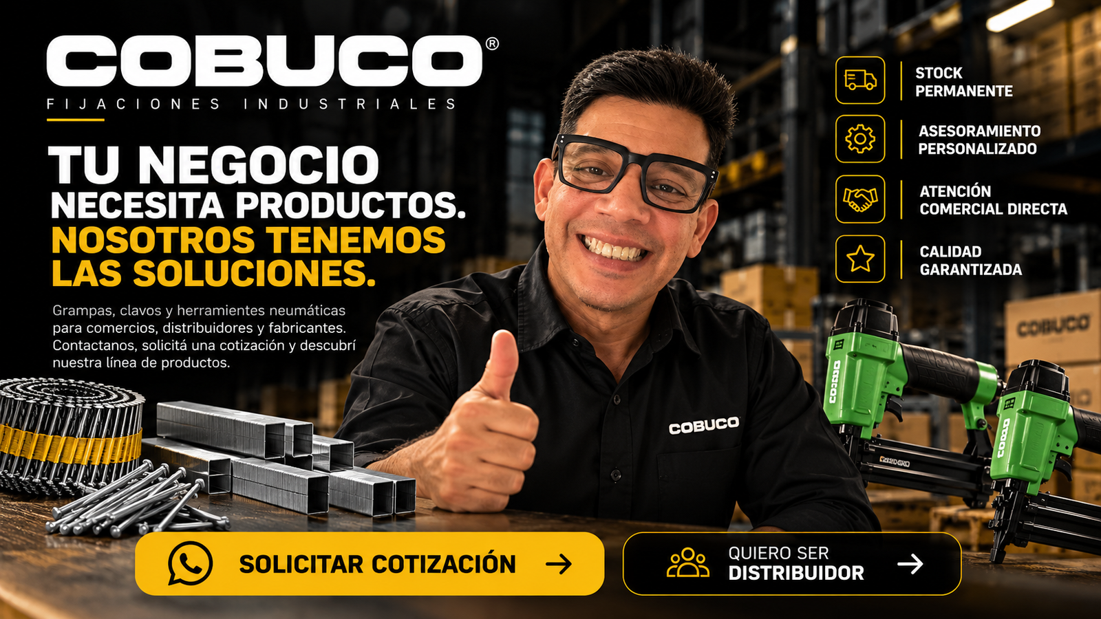 COBUCO SRL. Grampas, clavos y herramientas neumáticas. Solicitá una cotización o convertite en distribuidor.